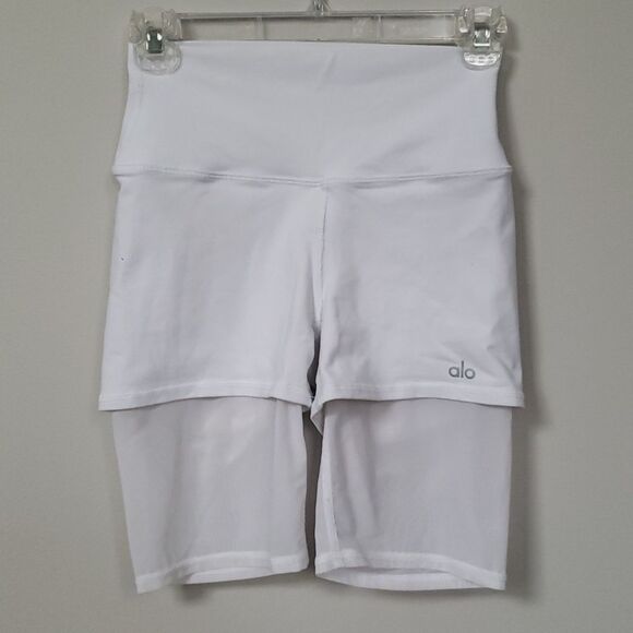 ALO Yoga Bike Shorts with Compression Fit Womens XS White Mesh Athletic Sporty - Picture 1 of 6